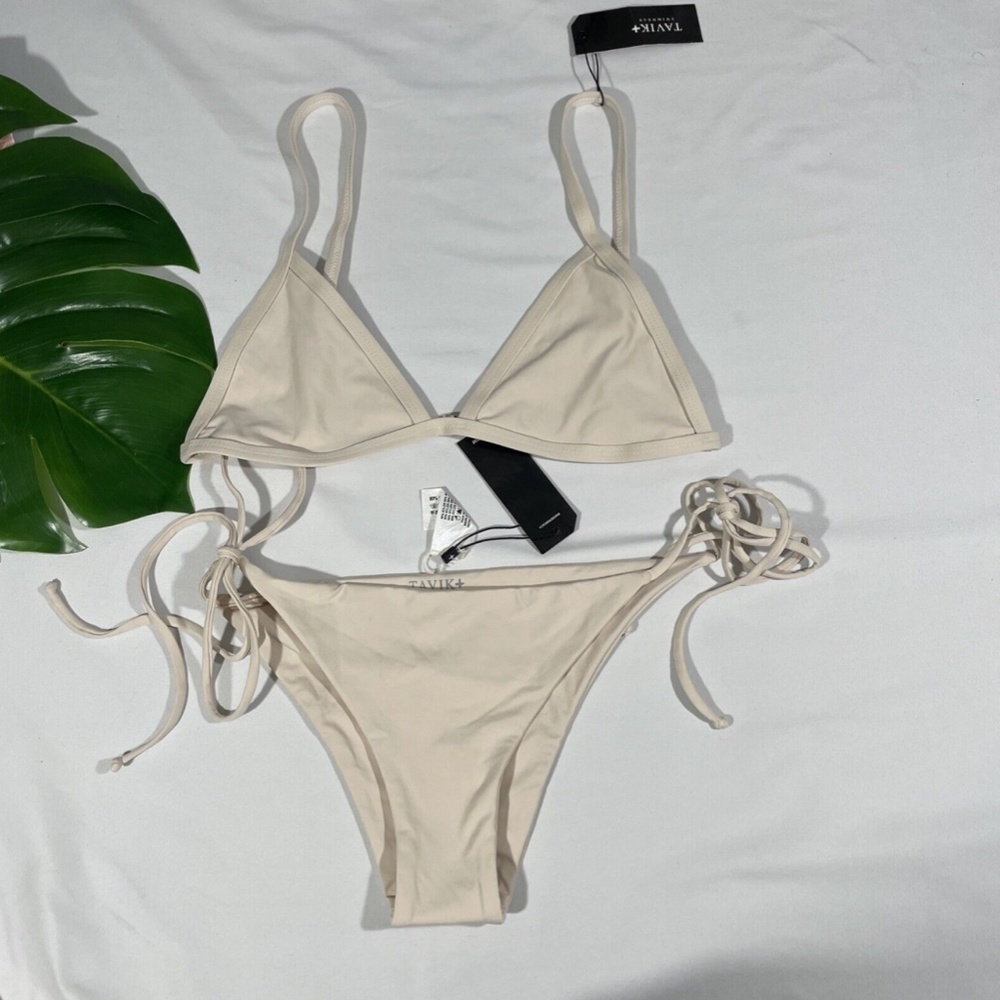 NEW Tavik [‎ Medium ] Jett Triangle Bikini Top + Jax Side Tie Bottom Tapioca - Picture 2 of 12